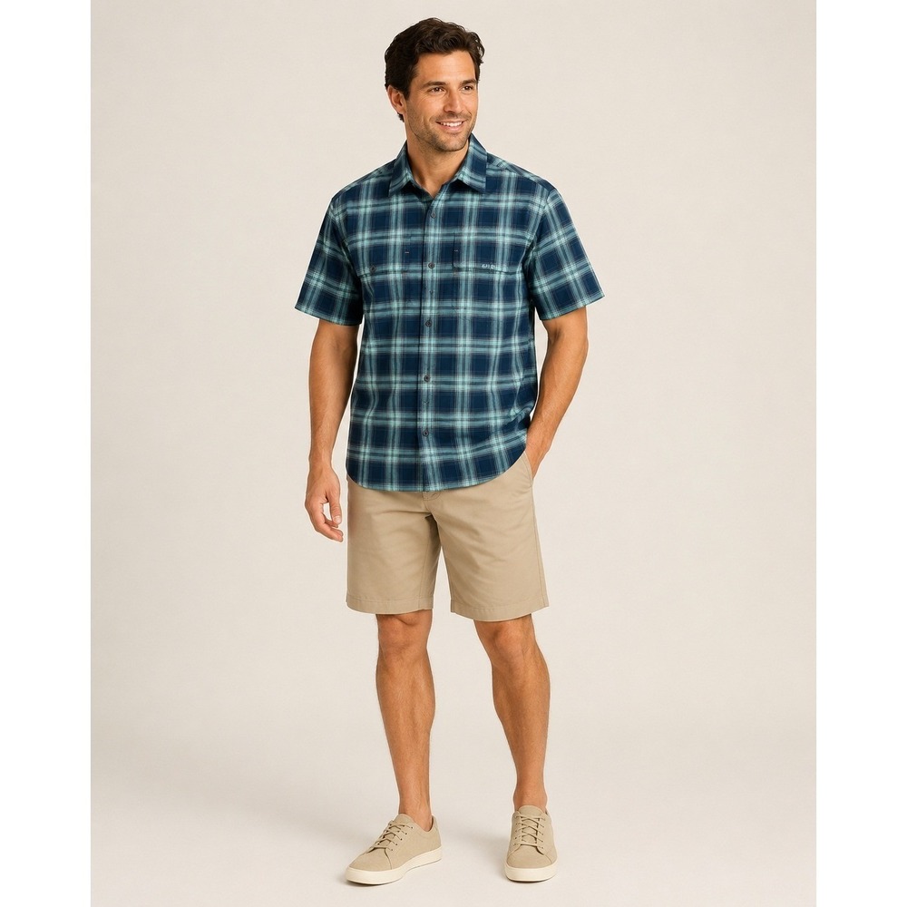 Orvis Button FrontPerformance Camp Shirt Mens Medium Blue Plaid Polyester Vented